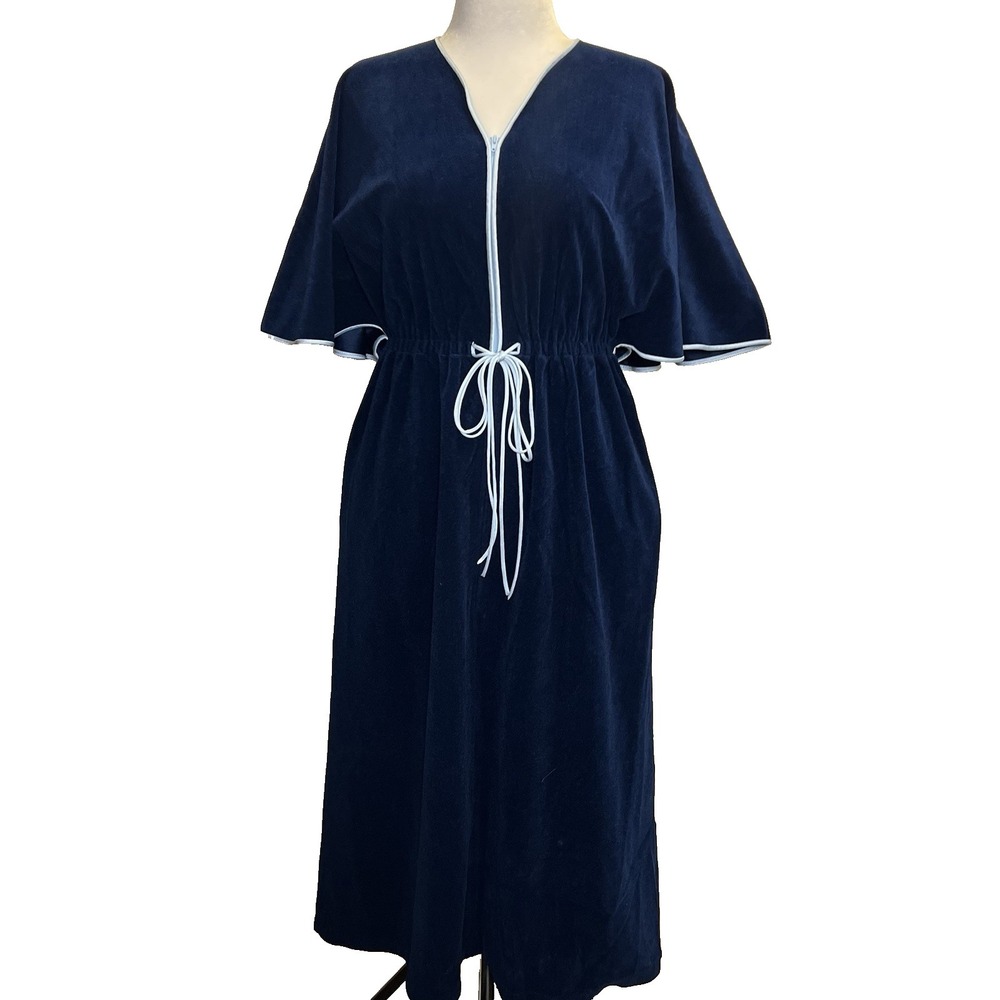 Vanity Fair Women Vtg Velour Robe Midi Housedress Navy Zip Pocket 70s Cover Up M